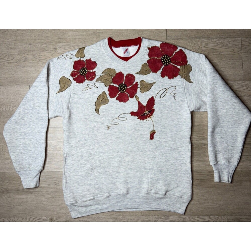 Vintage 90s Jerzees Womens Large Floral Applique Sweatshirt Double Collar Gray